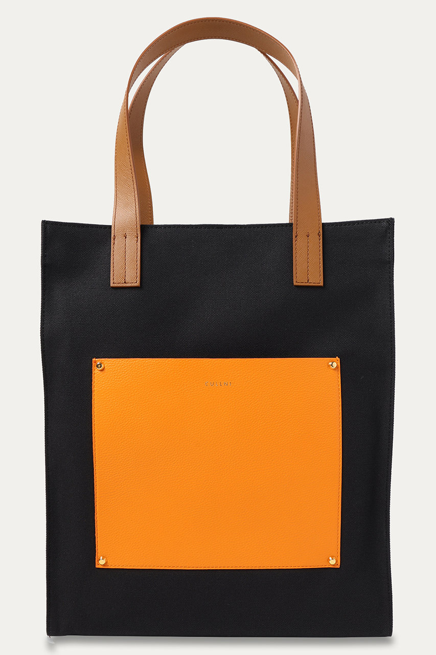 クルニ/CULLNIの【UNISEX】Leather Pocket キャンバストートバッグ(ブラック&オレンジ/BG-003)