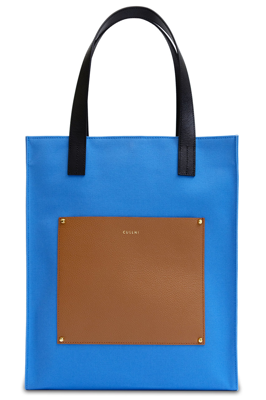 クルニ/CULLNIの【UNISEX】Leather Pocket キャンバストートバッグ(ブルー/BG-003)
