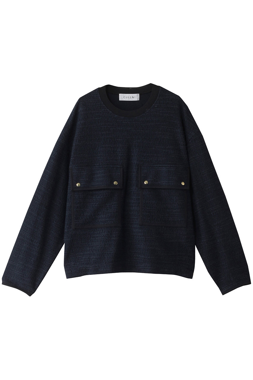 クルニ/CULLNIの【UNISEX】Boucle Yarn トリミング ビッグポケット プルオーバー(ネイビー/24-AW-035)