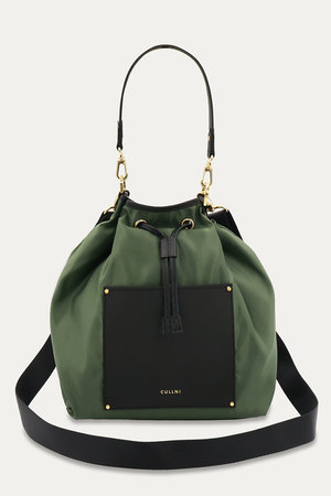 クルニ/CULLNIのLeather Pocket ハイカウント タフタ バケットバッグ(120100/120101)