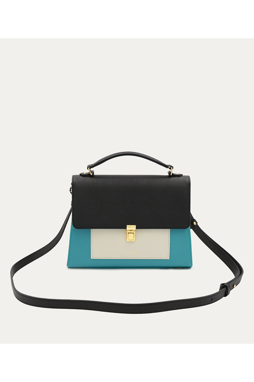 クルニ/CULLNIのClasp lock Leather Pocket ハンドバッグ(ブルーグリーン×マッシュルーム/BG-056)