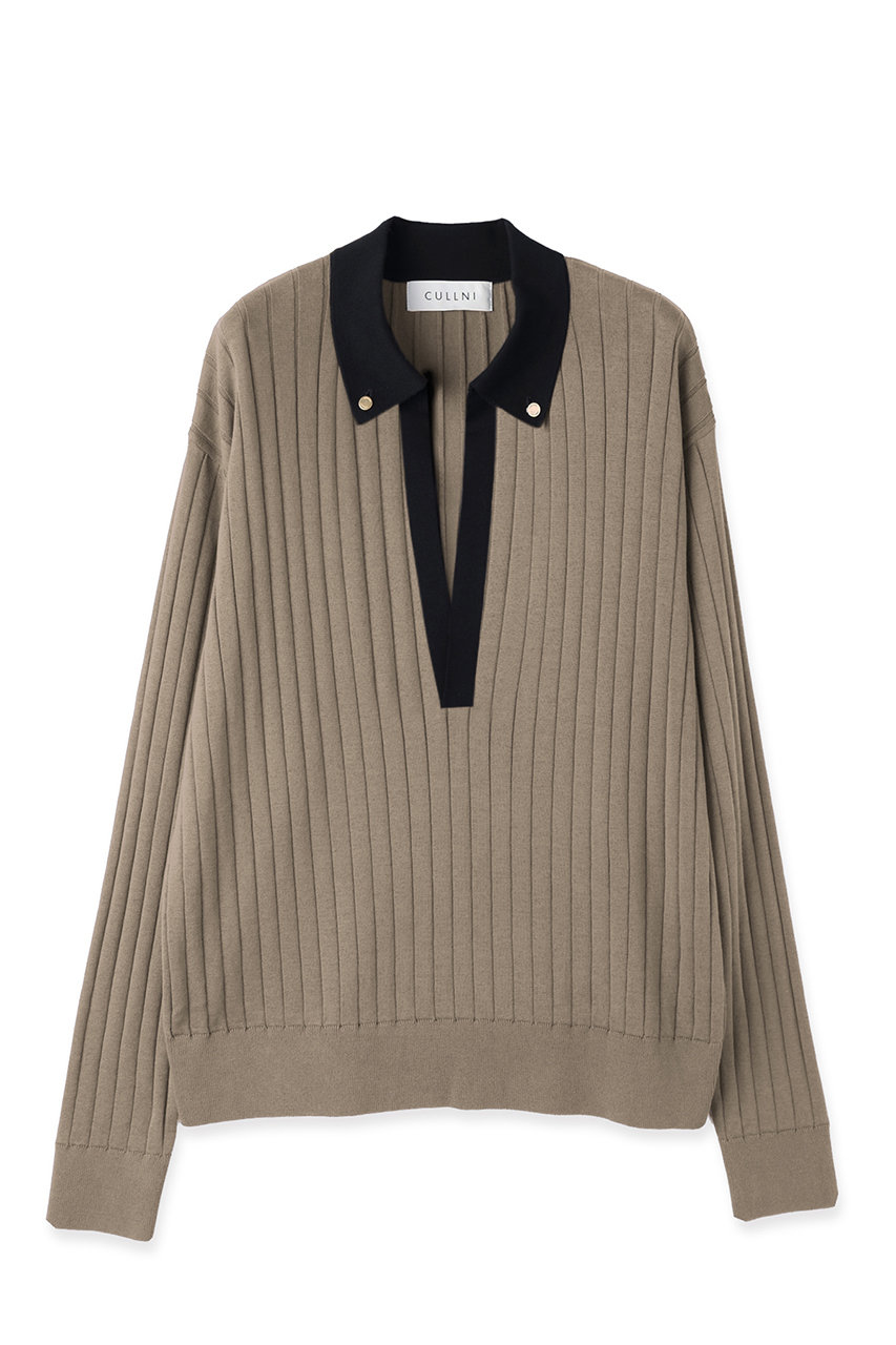 クルニ/CULLNIの【UNISEX】ワイド リブ スキッパー カラー ニットプルオーバー(ベージュ/26-SS-031)