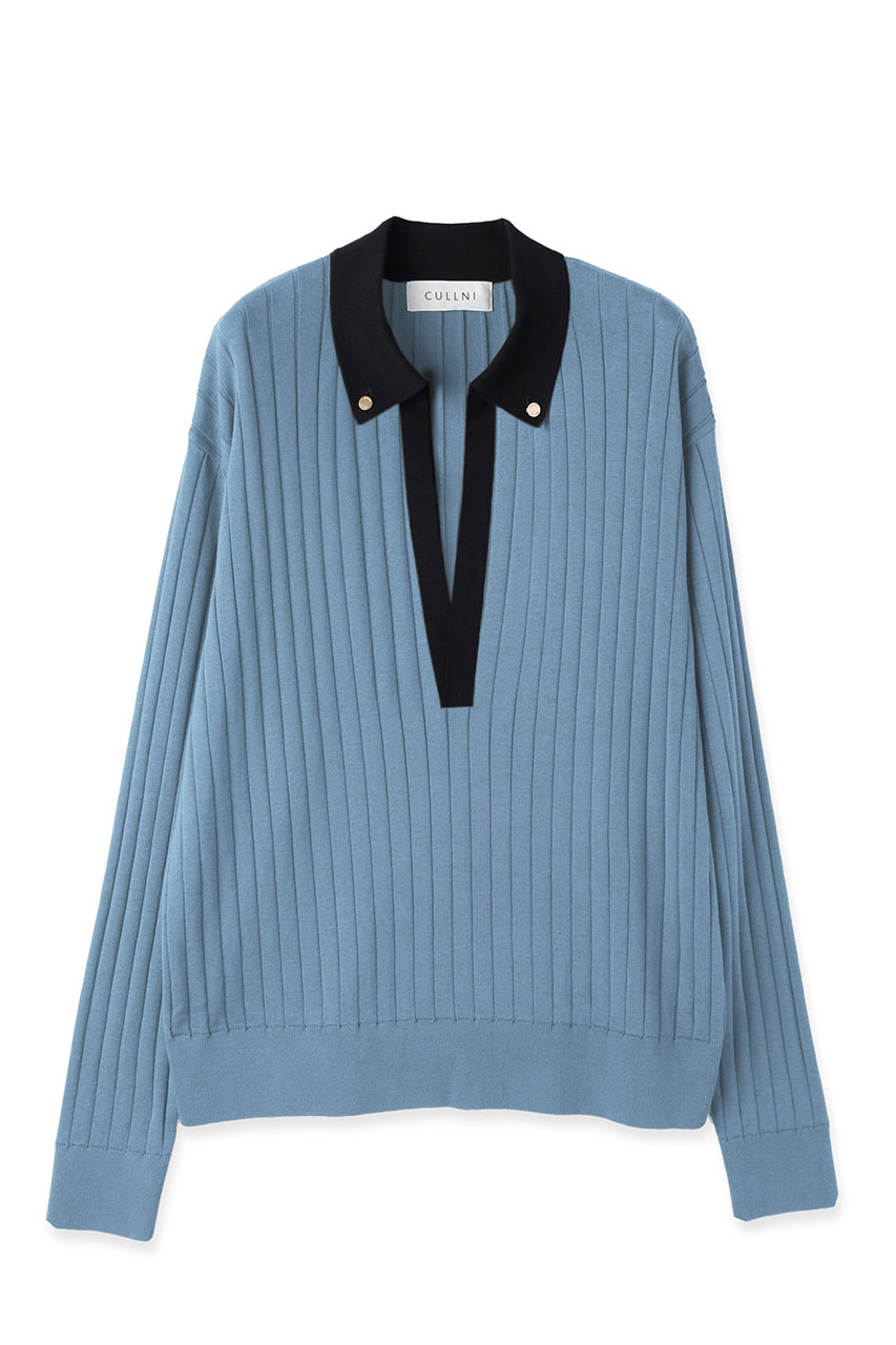 クルニ/CULLNIの【UNISEX】ワイド リブ スキッパー カラー ニットプルオーバー(サックス/26-SS-031)
