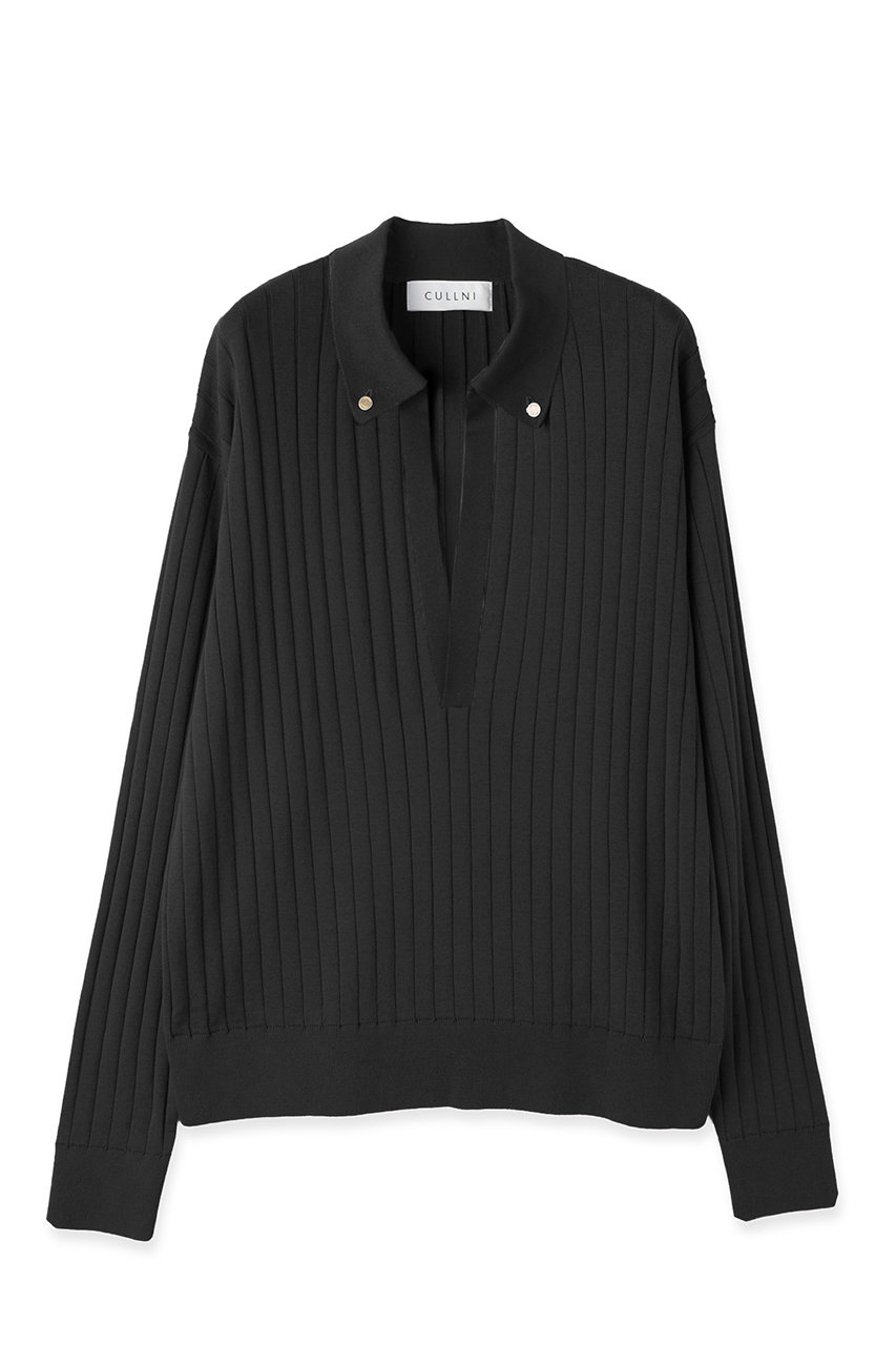 クルニ/CULLNIの【UNISEX】ワイド リブ スキッパー カラー ニットプルオーバー(ブラック/26-SS-031)