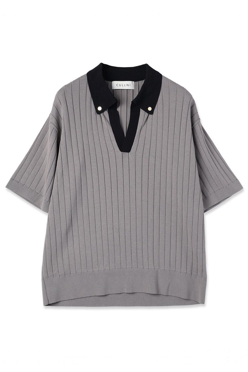 クルニ/CULLNIの【UNISEX】ワイド リブ スキッパー カラー ショートスリーブ ニット(グレー/26-SS-032)