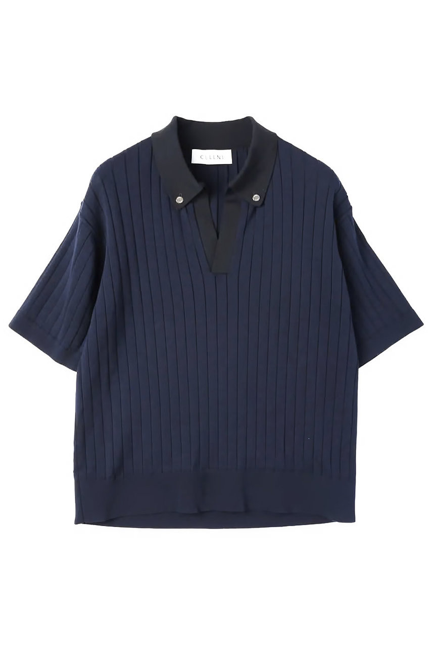 クルニ/CULLNIの【UNISEX】ワイド リブ スキッパー カラー ショートスリーブ ニット(ダリーネイビー/26-SS-032)