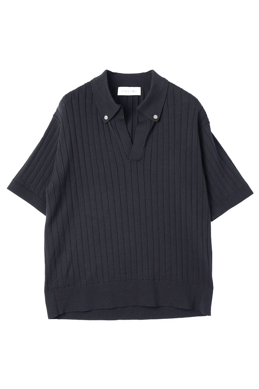 クルニ/CULLNIの【UNISEX】ワイド リブ スキッパー カラー ショートスリーブ ニット(ブラック/26-SS-032)