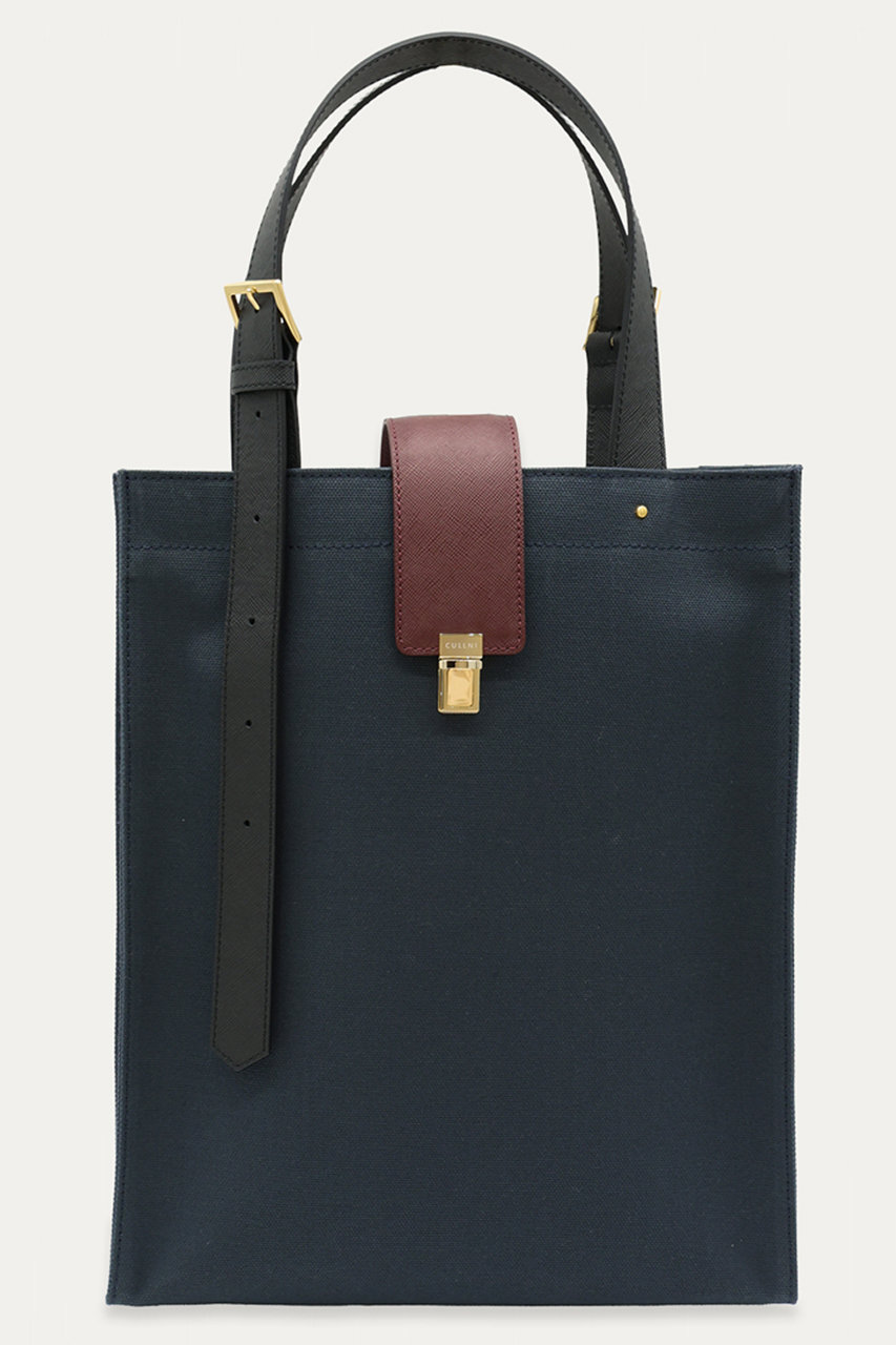 クルニ/CULLNIのLeather Flap アジャスタブル ベルト キャンバス トートバッグ(ネイビー×バーガンディー/BG-058)
