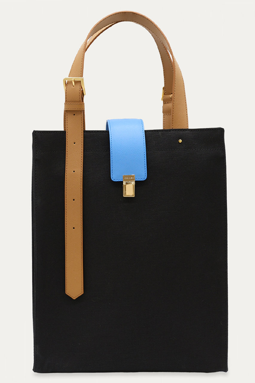 クルニ/CULLNIのLeather Flap アジャスタブル ベルト キャンバス トートバッグ(ブラック×アジュール/BG-058)