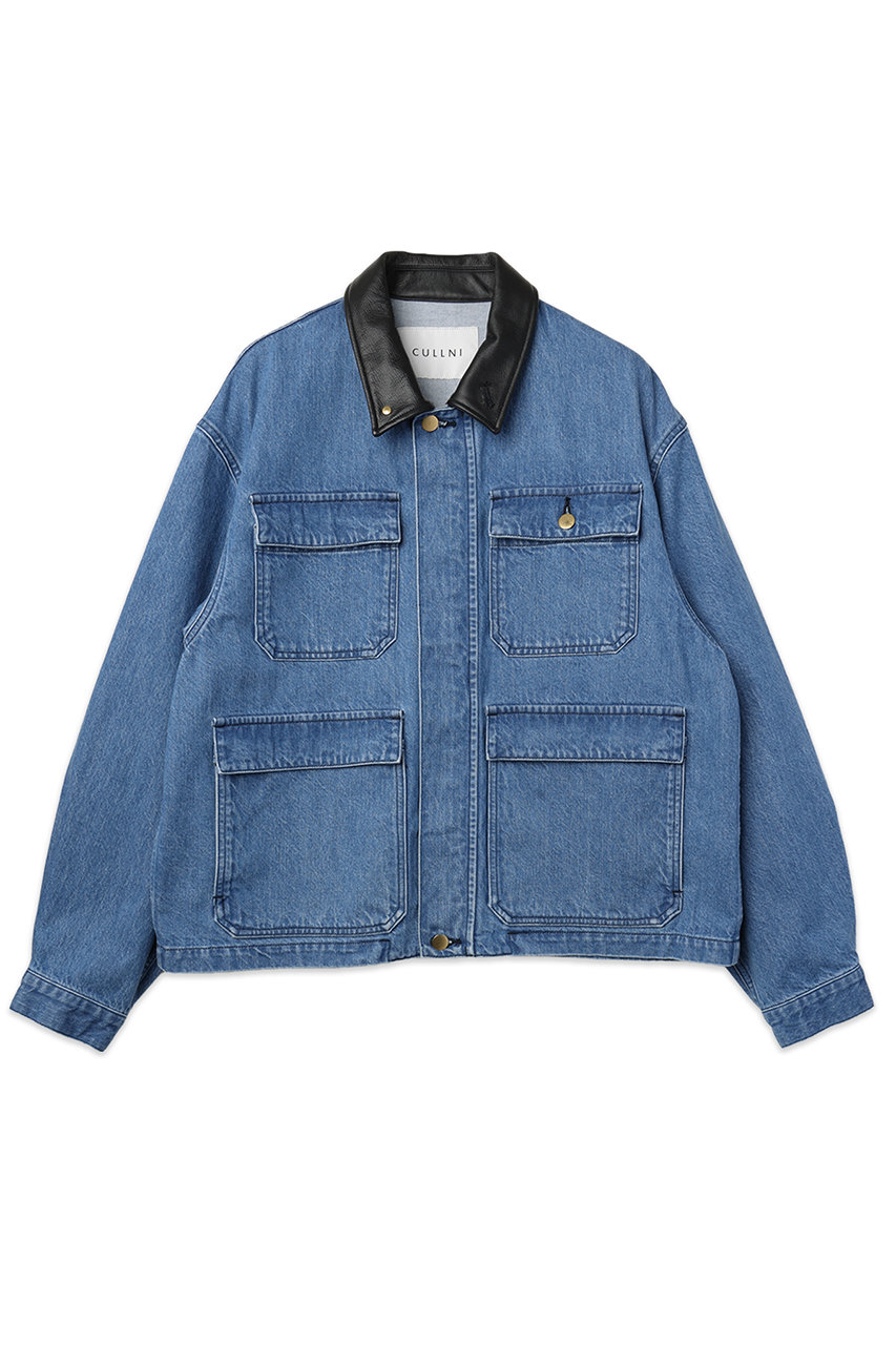 CULLNI 【UNISEX】ヘビーブリーチウォッシュレザーカラー12oz デニムジャケット (ブルー, 1) クルニ ELLE SHOP