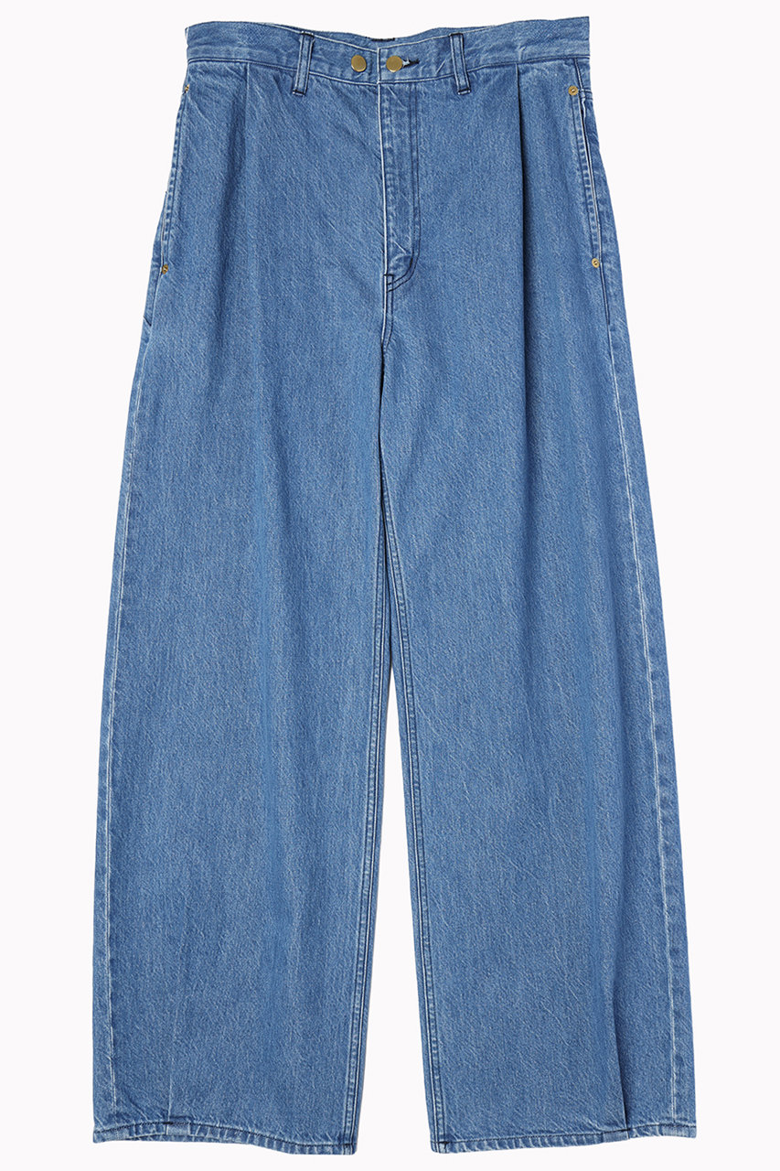 CULLNI 【UNISEX】ヘビーブリーチウォッシュウエスト＆ヘムタック12oz デニムワイドパンツ (ブルー, 1) クルニ ELLE SHOP