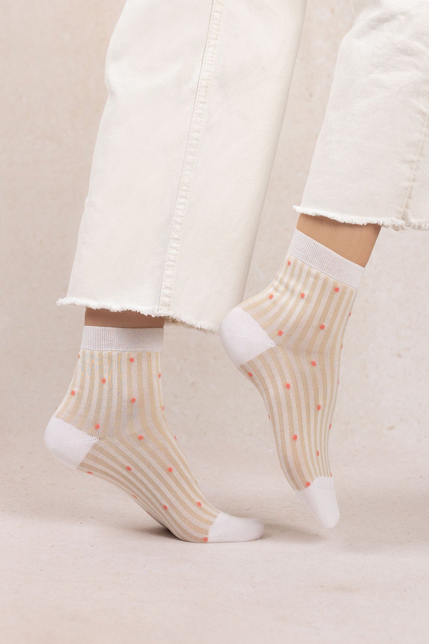 ブルーフォレ/BLEUFORETの6598 マーセライズドコットン ストライプスモールドットソックス(ベージュ/4311000097)