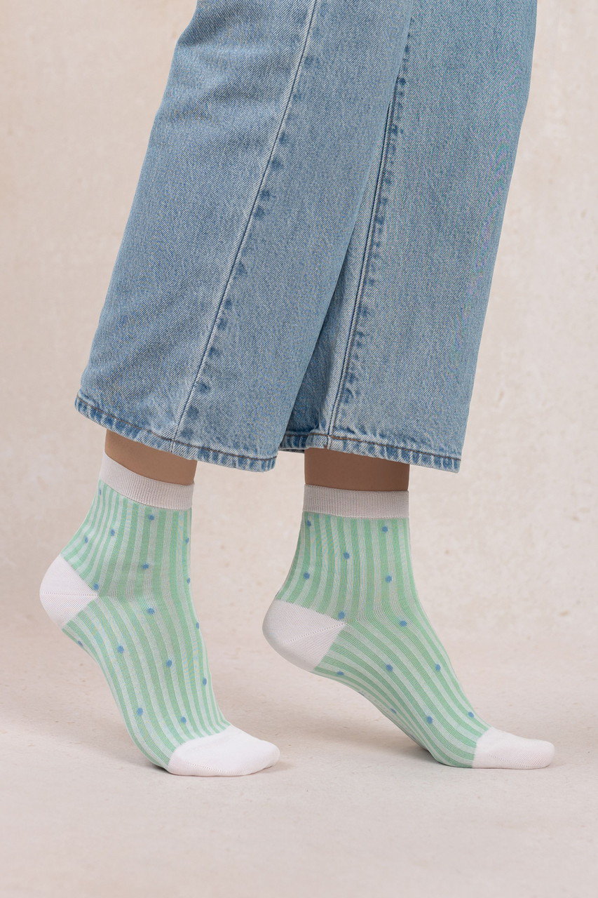 ブルーフォレ/BLEUFORETの6598 マーセライズドコットン ストライプスモールドットソックス(グリーン/4311000097)