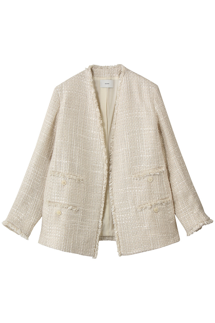 セアン/SCEARNのSILK LINEN TWEED ノーカラージャケット(ECRU/JKSNLM0204)