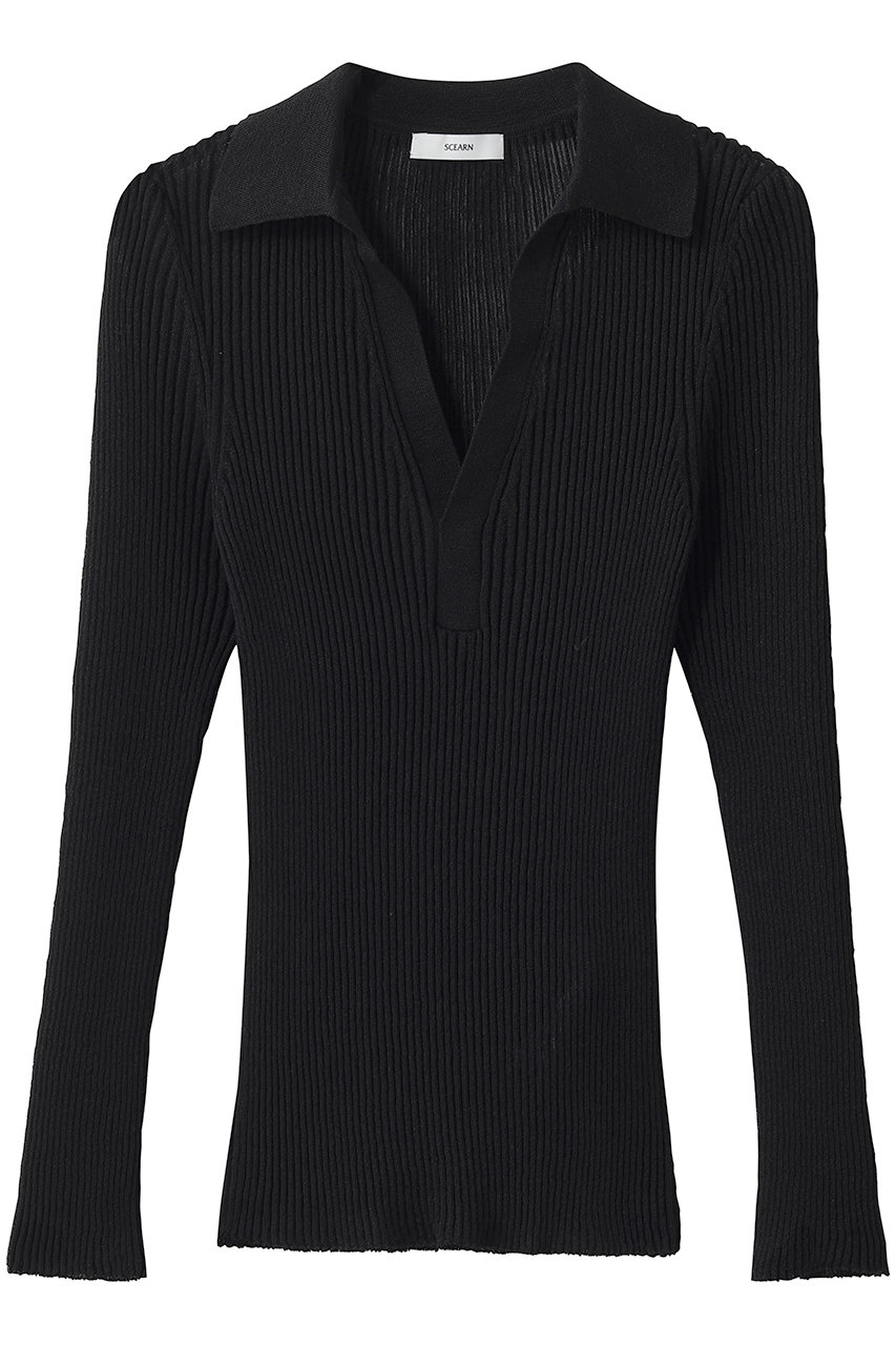 セアン/SCEARNのSHEER RIB ニットポロ(BLACK/KRSNLM0403)