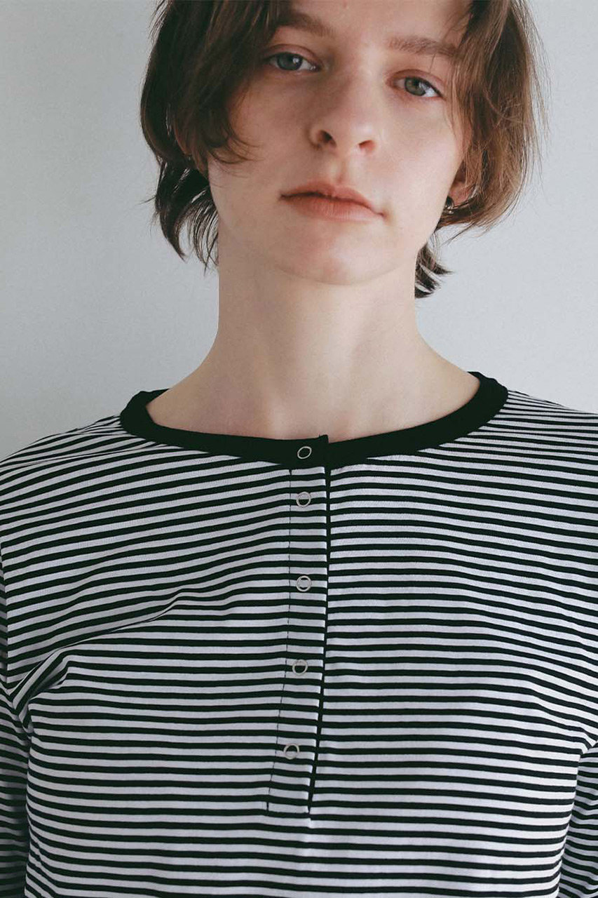 HER.(ハー)｜ヘンリーネックボーダーカットプルオーバー/ブラック の