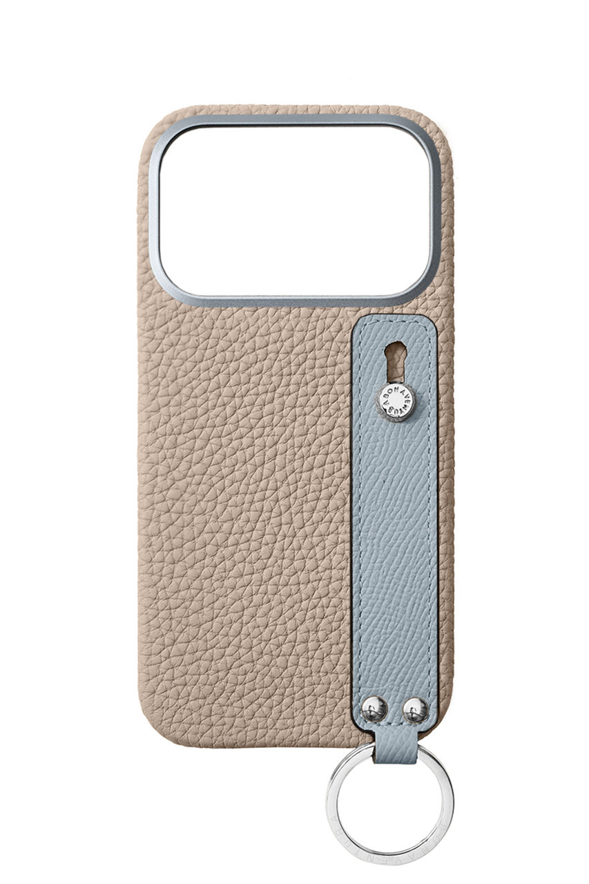 ボナベンチュラ/BONAVENTURAのiPhone17 ハンドル付き バックカバーケース シュリンクレザー(グレージュ×ブルーリン/BWHT17-ORCG)