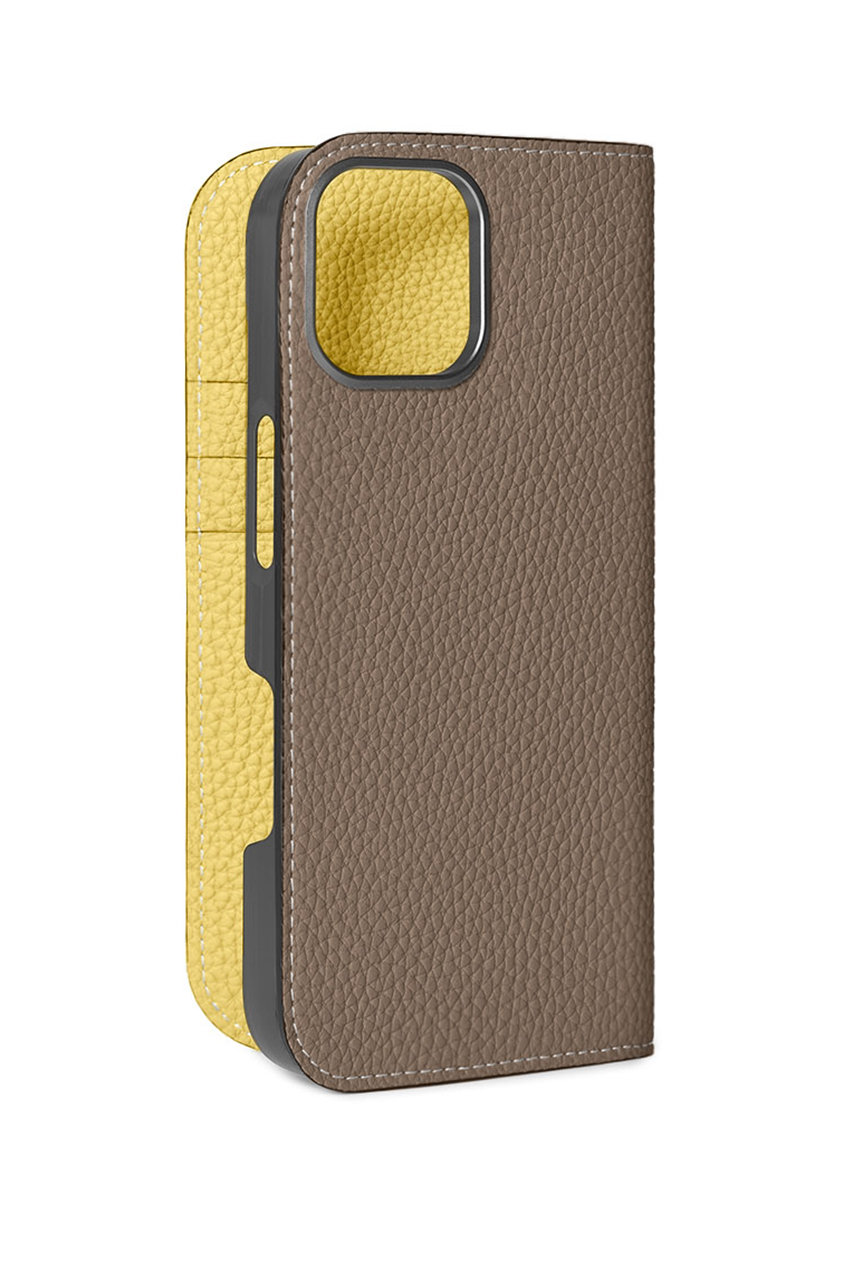 ボナベンチュラ/BONAVENTURAのiPhone17 ダイアリーケース シュリンクレザー(エトープ×イエロー/BODT17P-BC)