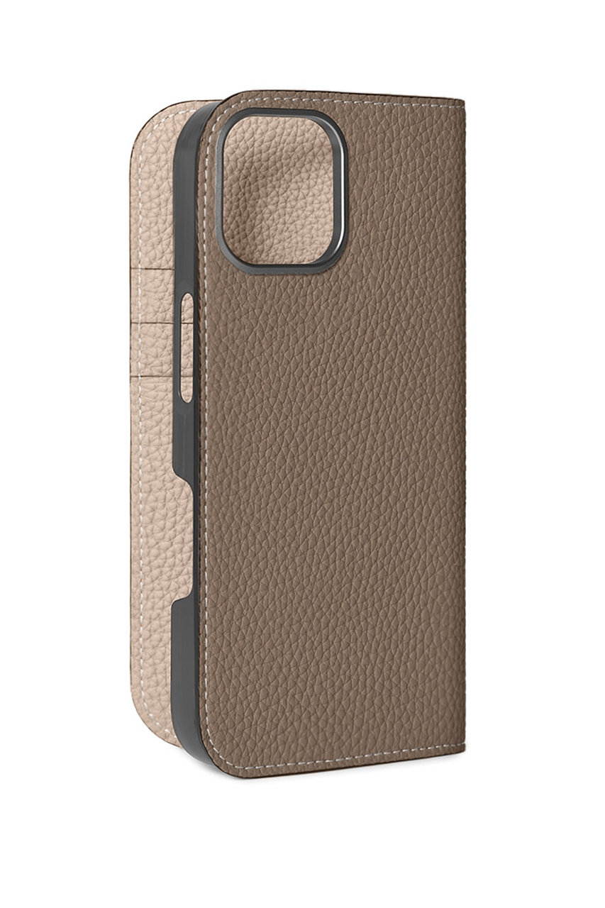 ボナベンチュラ/BONAVENTURAのiPhone17 ダイアリーケース シュリンクレザー(エトープ×グレージュ/BODT17P-BC)