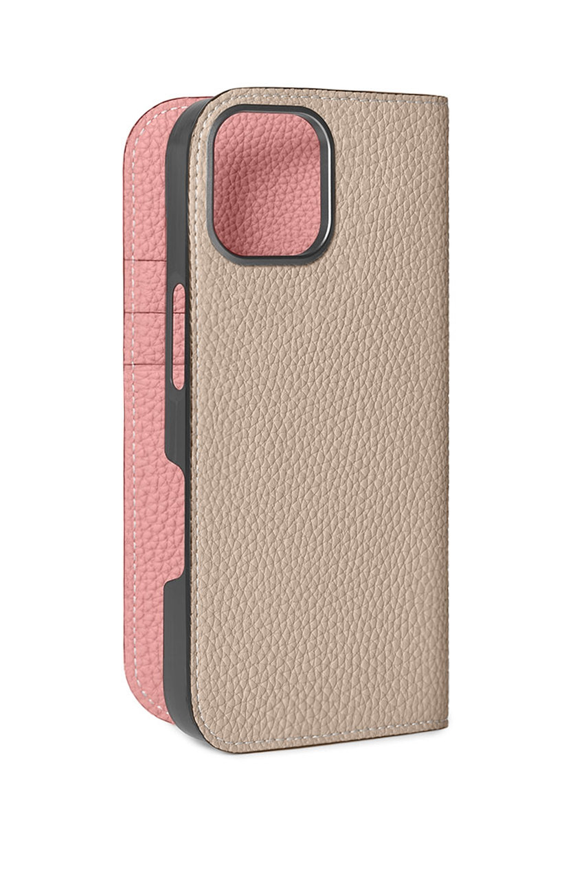 ボナベンチュラ/BONAVENTURAのiPhone17 ダイアリーケース シュリンクレザー(グレージュ×コーラル/BODT17P-ET)