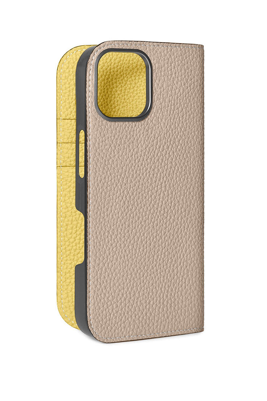 ボナベンチュラ/BONAVENTURAのiPhone17 ダイアリーケース シュリンクレザー(グレージュ×イエロー/BODT17P-BC)