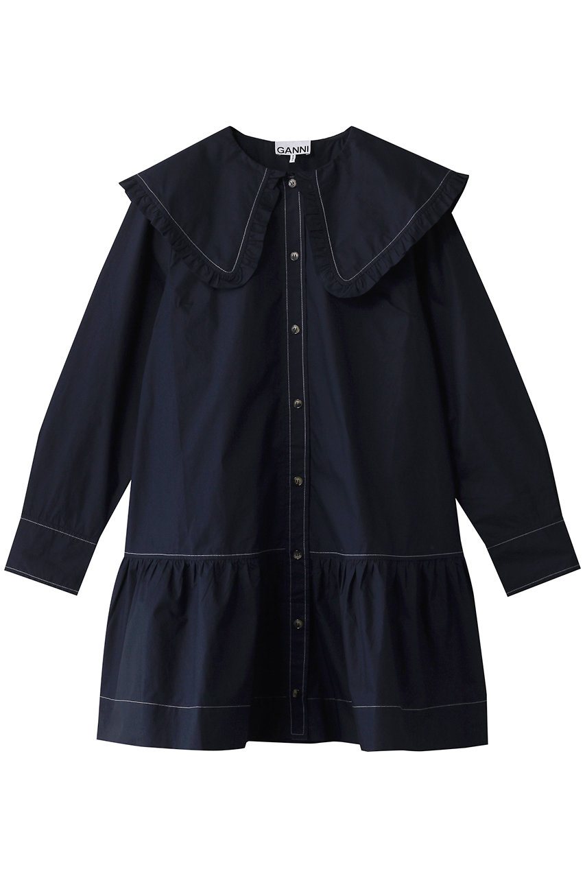 ガニー/GANNIのCotton Poplin Big Collar ミニ シャツドレス(ネイビー/W0157)