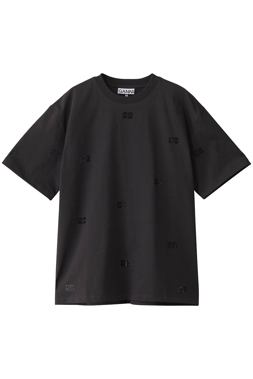 GANNI Heavy CottonラインストーンドロップショルダーTシャツ (ブラック, S) ガニー ELLE SHOP GANNI Heavy CottonラインストーンドロップショルダーTシャツ (ブラック, S) ガニー ELLE SHOP