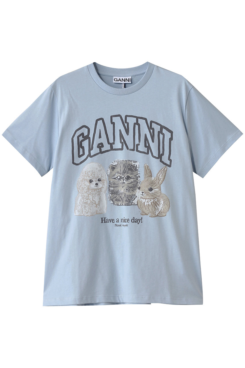 GANNI ベーシック コットン ジャージー アニマル リラックス Tシャツ (シャンブレーブルー, S) ガニー ELLE SHOP GANNI ベーシック コットン ジャージー アニマル リラックス Tシャツ (シャンブレーブルー, S) ガニー ELLE SHOP