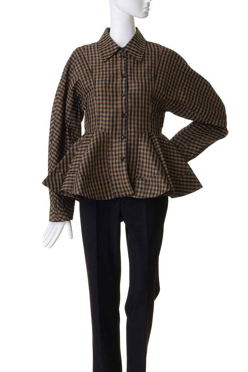 GANNI(ガニー)｜Crinkled Taffeta ペプラムシャツ/タバコブラウン の