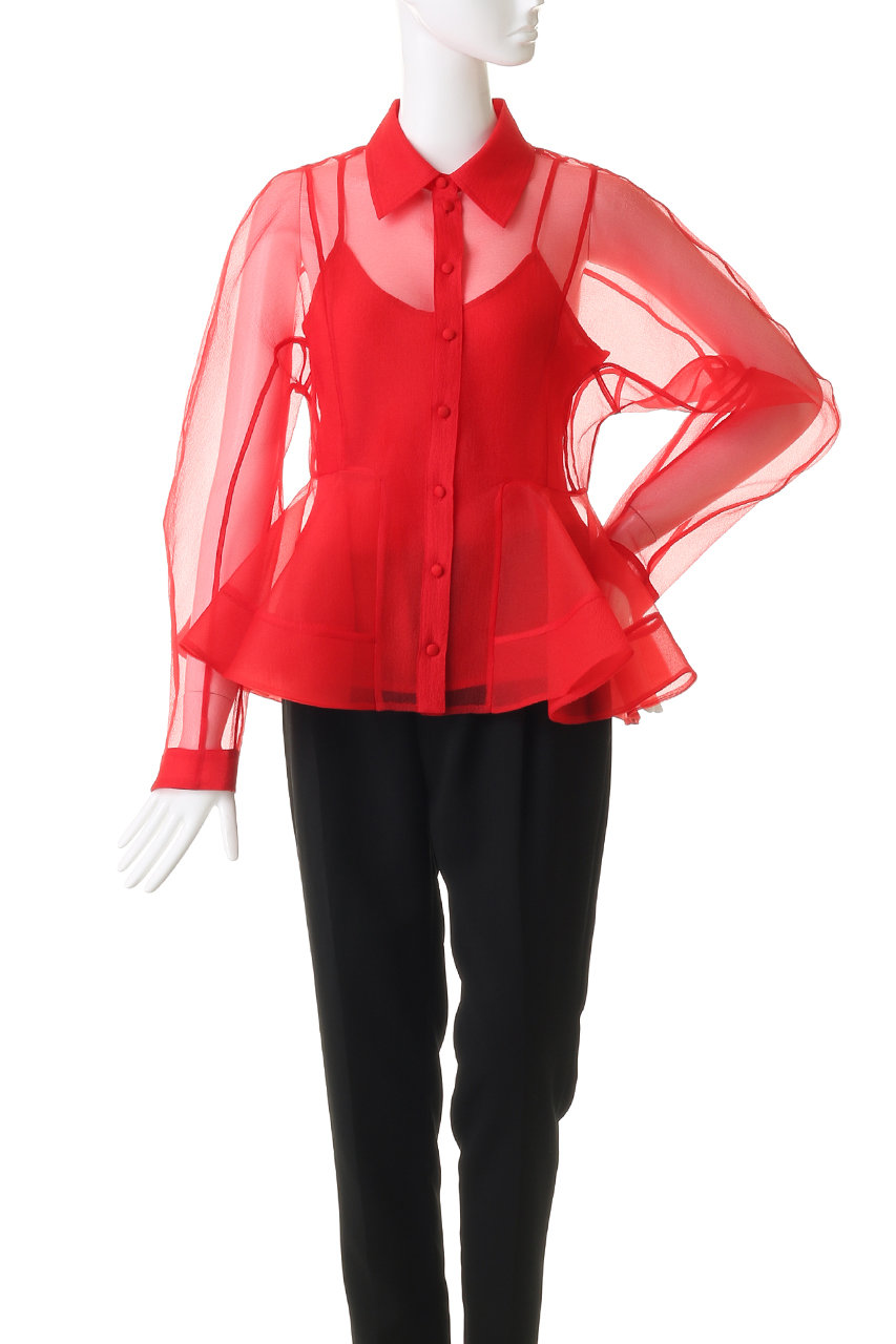 GANNI(ガニー)｜Textured Organza ペプラム シャツ/マーズレッド の