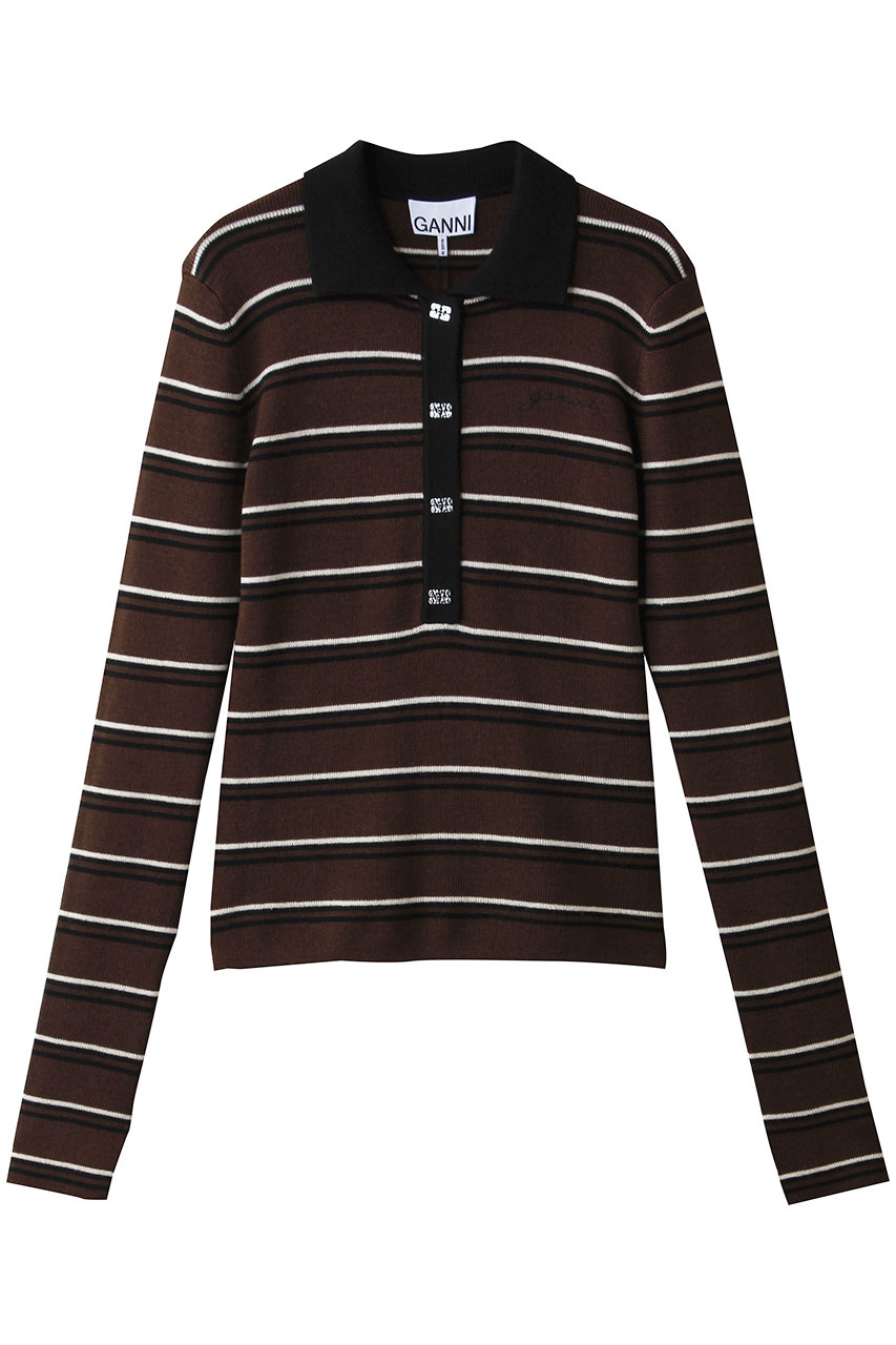 ガニー/GANNIのMini Ribbed Merino ポロニット(ブラウンボーダー/A1170004)