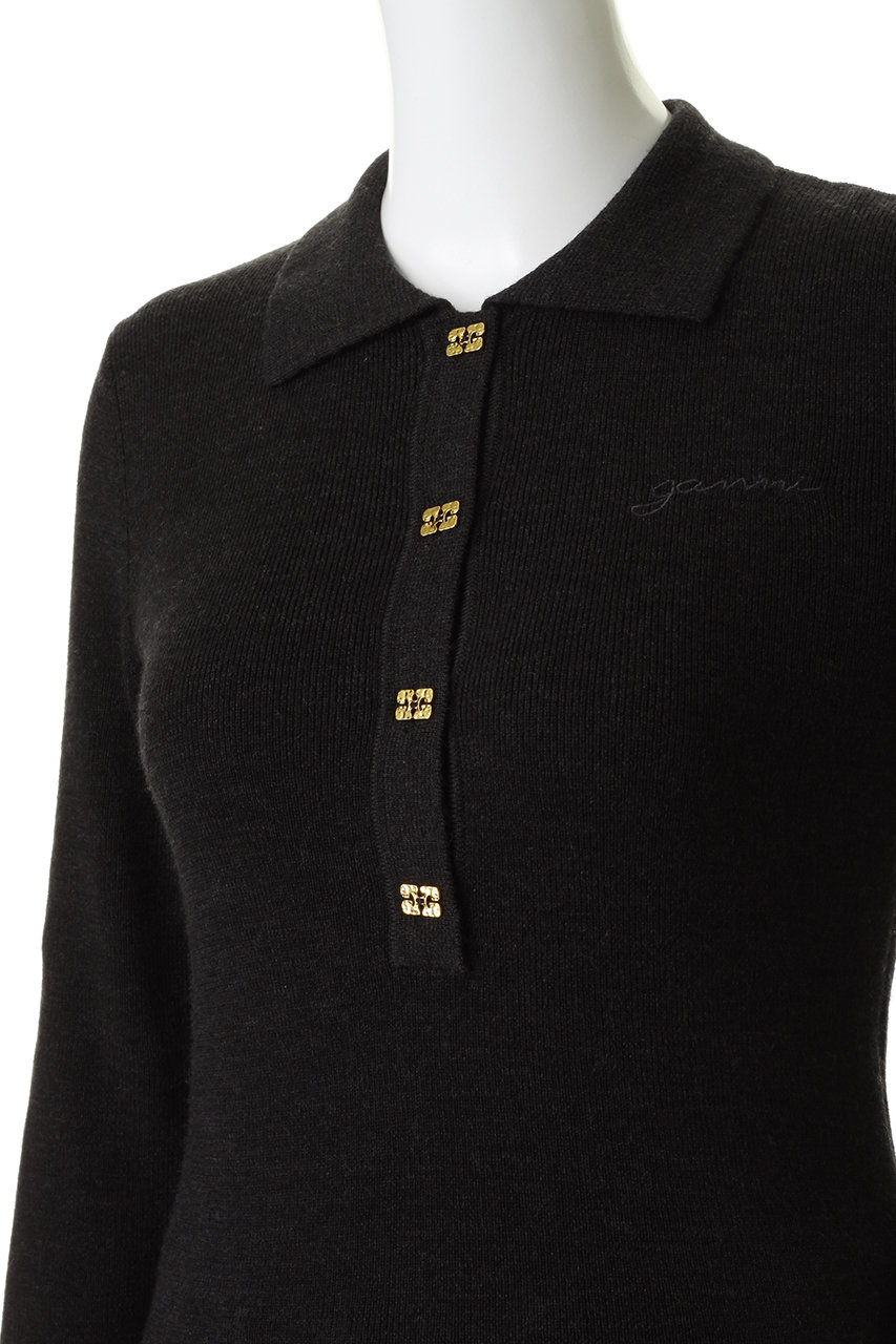 GANNI(ガニー)｜Mini Ribbed Merino ポロニット/ファントム の通販