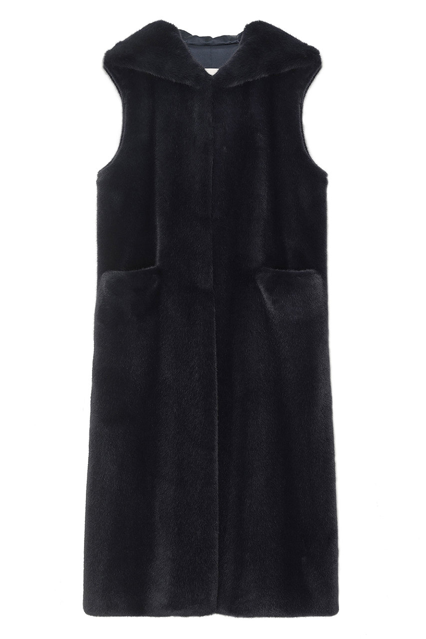 レモンプレット/LemonpletのFAUX FUR LAON HOODED MAXI VEST(NAVY/LVT009KRFKF)