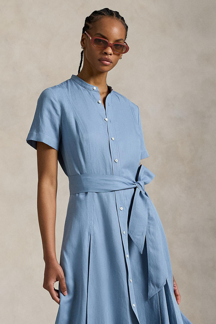Ralph Lauren シルク　ドレス　ブルー セール】 ベルテッド シルクブレンド シャツドレス （ロング
