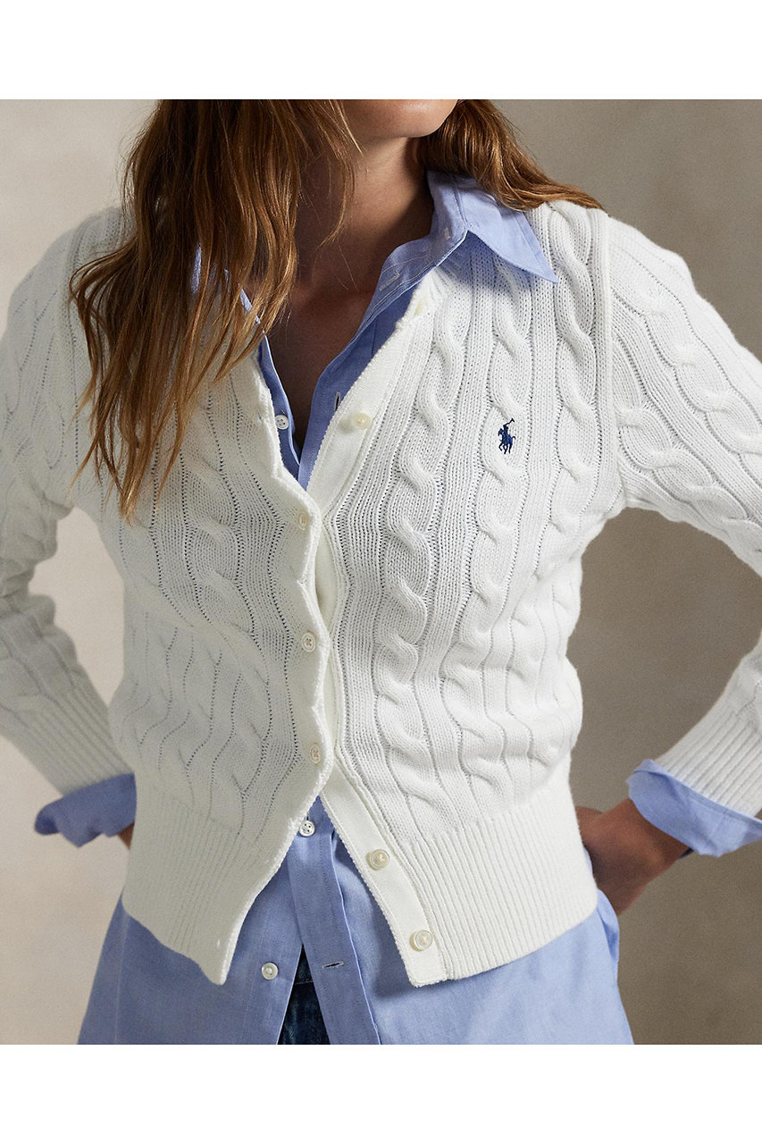 美品 POLO RALPH LAUREN ケーブルニット カーディガン ホワイト ケーブルニット コットン クルーネック カーディガン | ポロ ラルフ