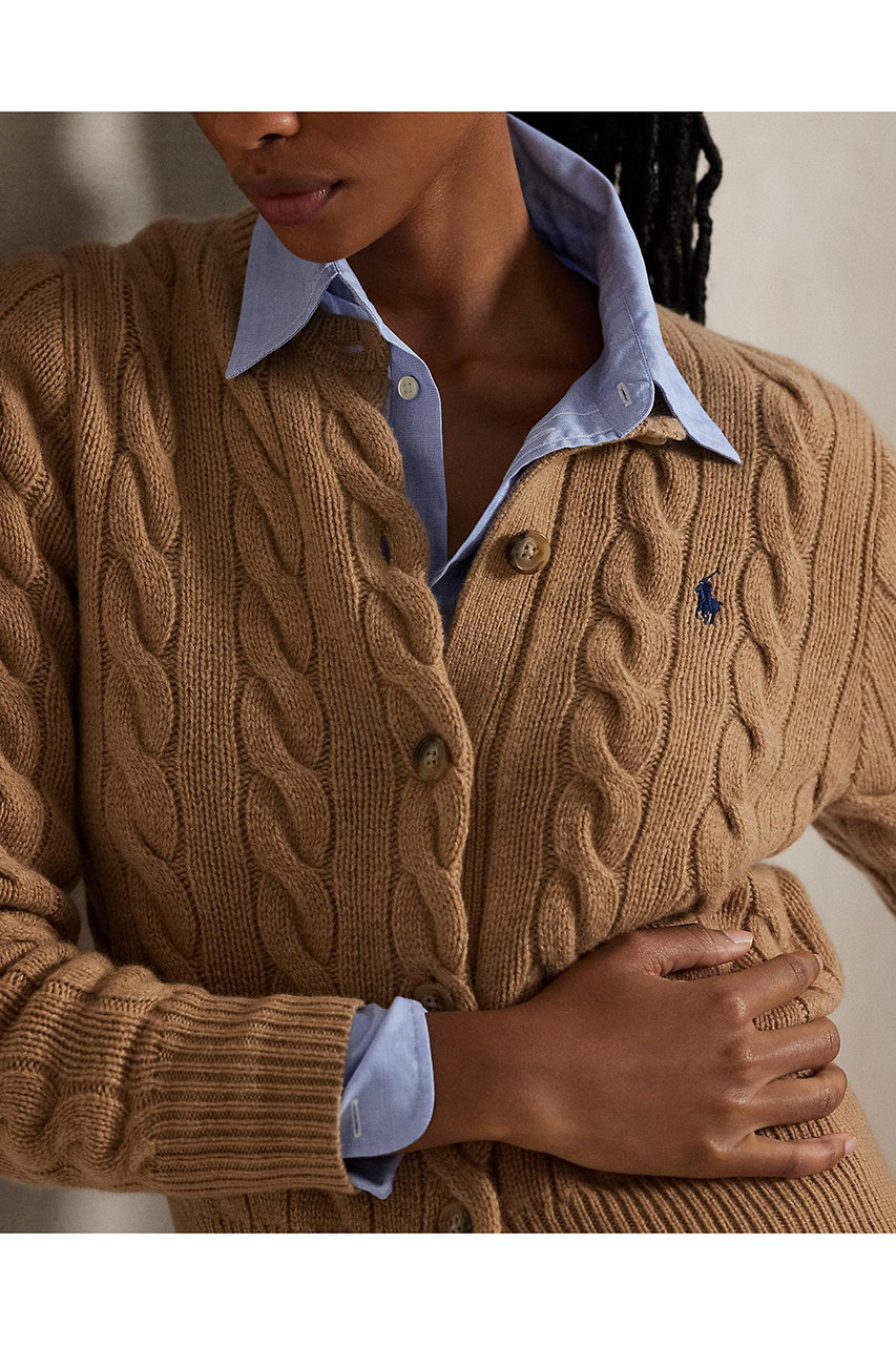 ポロラルフローレン ケーブルニット カーディガン　ノーカラー　カシミヤ キャメル RALPH LAUREN(ラルフ ローレン)｜【POLO RALPH LAUREN】ケーブルニット