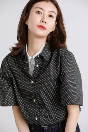 シャツ/ブラウス(長袖/七分) MY WEAKNESS  BASQUE SHIRT レディス 開襟七分袖ブラウス FB4039L－16 ブラック| 作業服