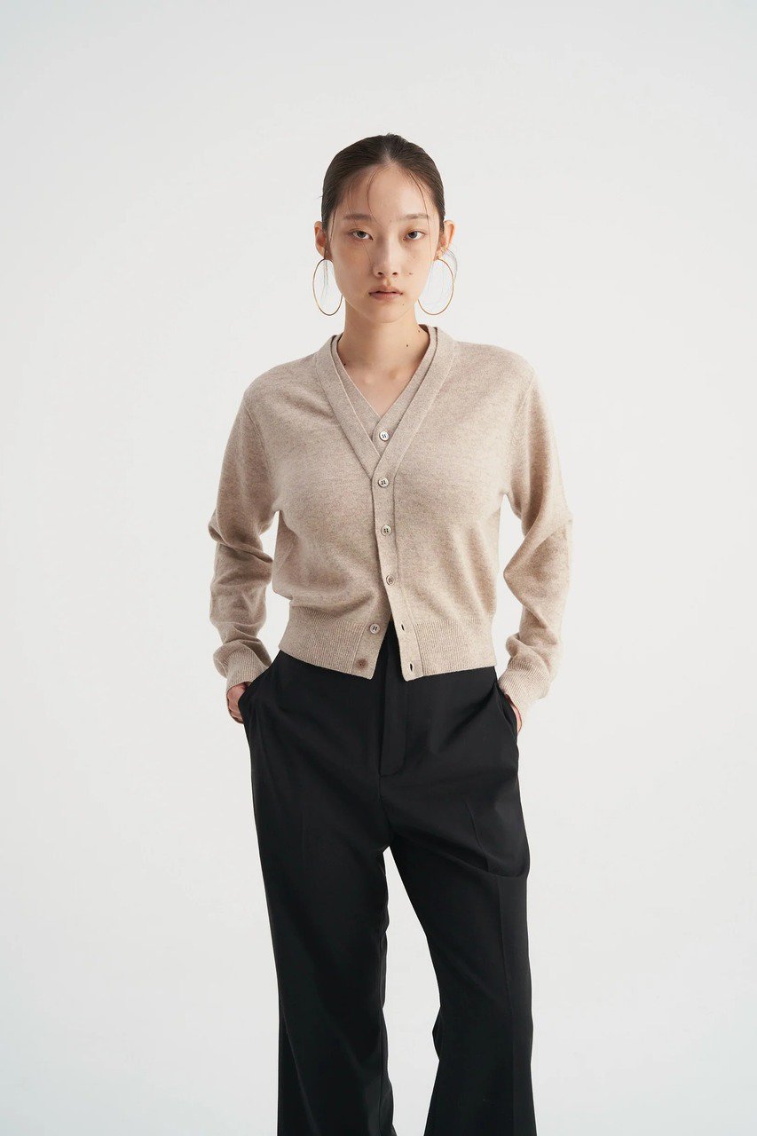 Venica(ヴェニカ)｜Double collar wool knit cardigan/light beige の