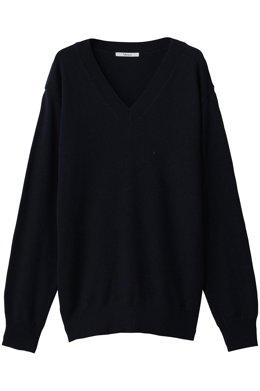 Venica Vneck wool knitpullover (navy, F) ヴェニカ ELLE SHOP