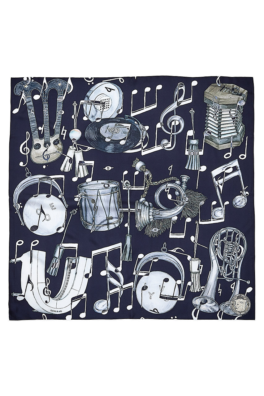 スウォッシュロンドン/SWASH LONDONのMelody Motifシルクスカーフ 88cmx88cm(ブラック/24-116-53005)