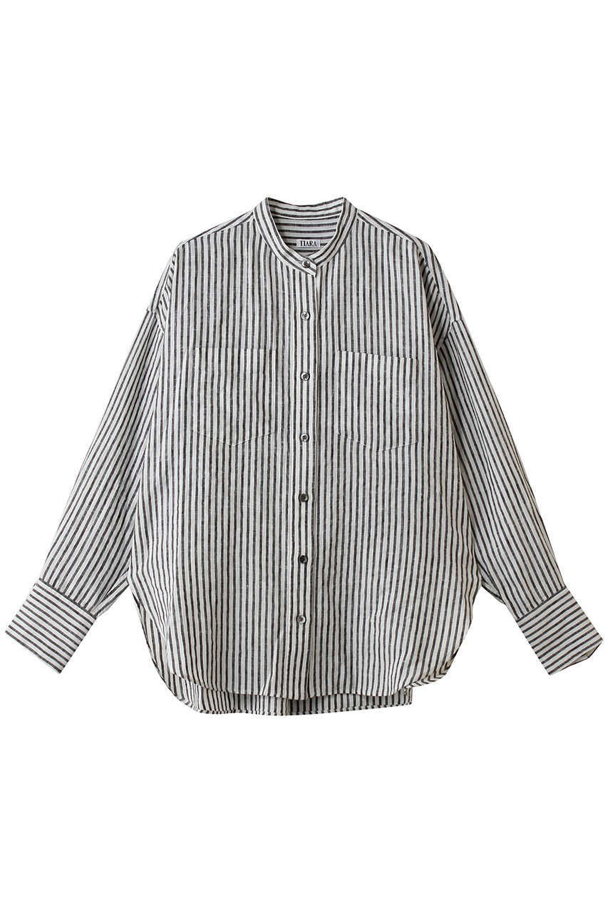 ティアラ/TIARAのリネンバンドカラーシャツ(ストライプ/A0161FB 326)