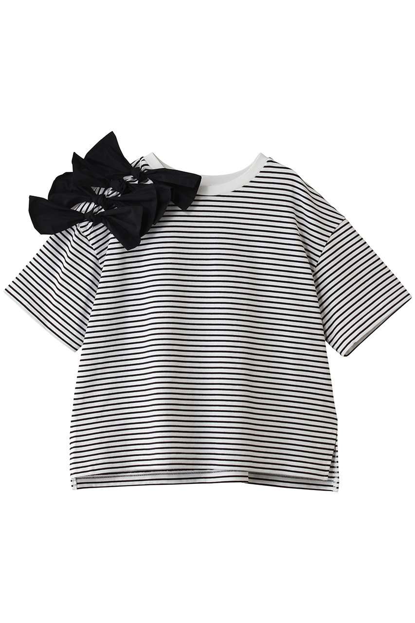 ティアラ/TIARAのショルダーリボンTシャツ(ホワイト×ブラック/A0161UTS478)
