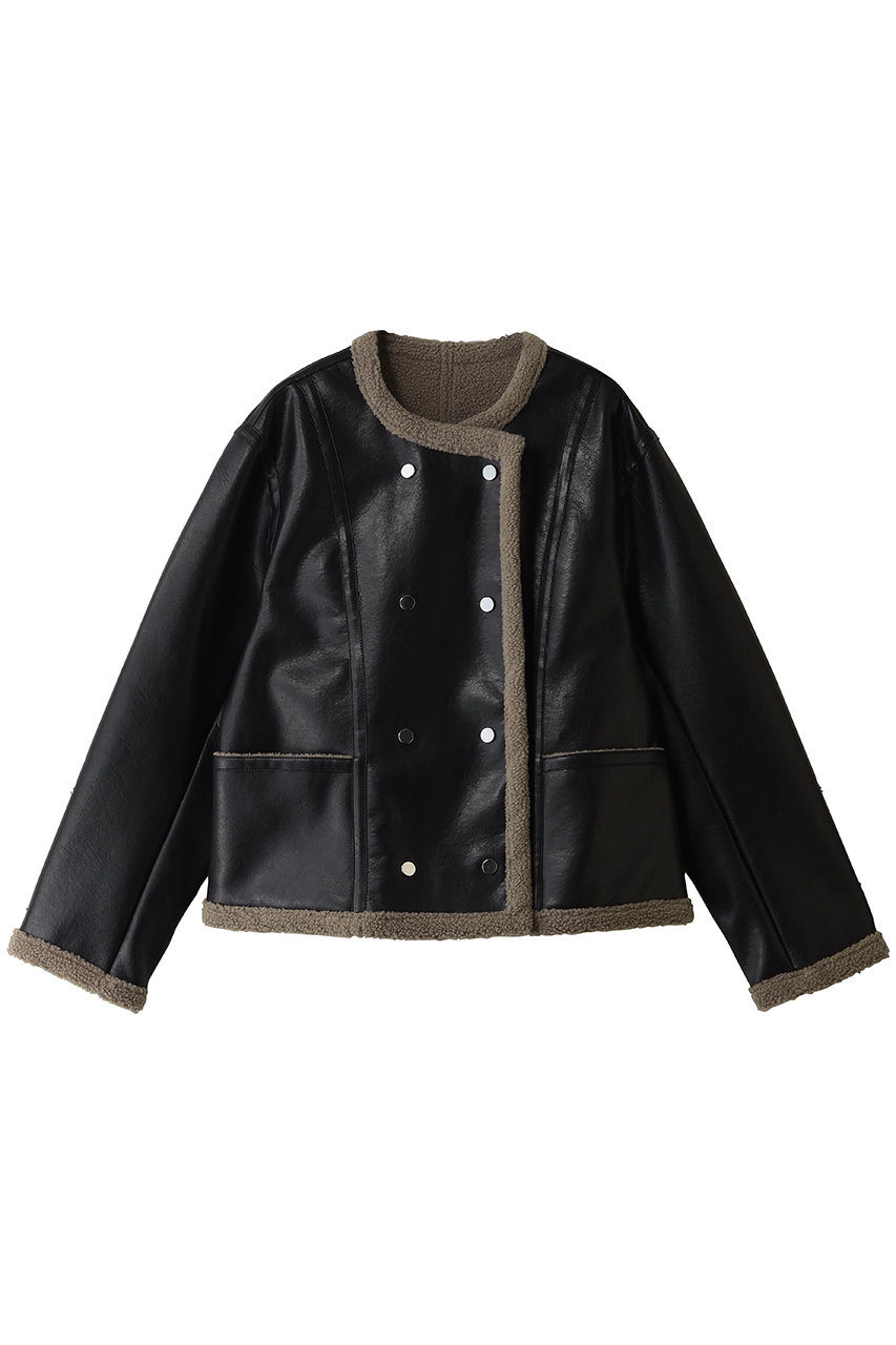 TIARA レザーボンディングノーカラーブルゾン (ブラック, F) ティアラ ELLE SHOP
