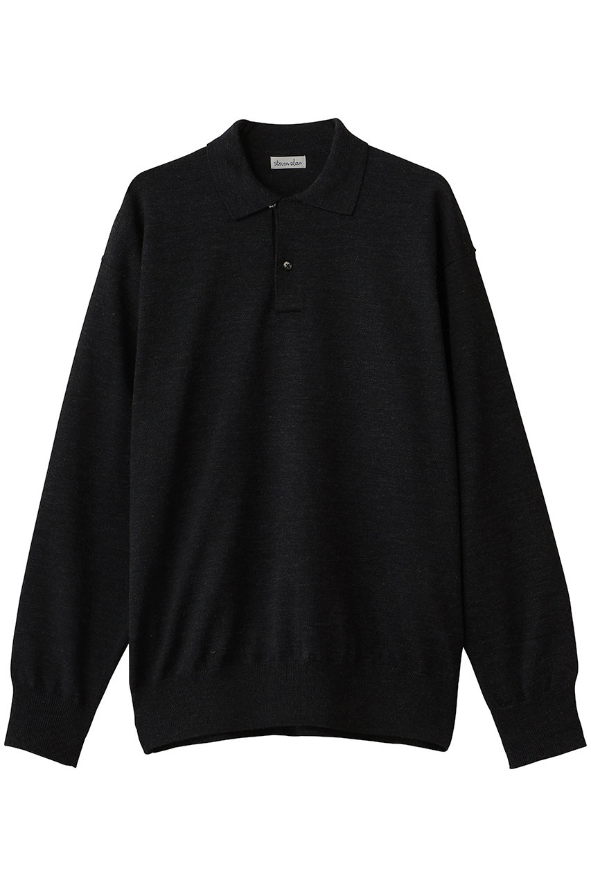 Steven Alan 【MEN】メランジ ウール オープン ニット 2B ポロシャツ (ブラック, S) スティーブン アラン ELLE SHOP