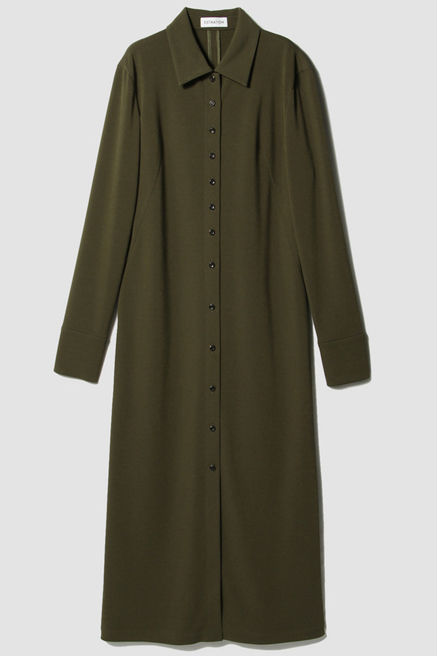 ESTNATION ジャージーロングシャツワンピース (カーキ, F) エストネーション ELLE SHOP