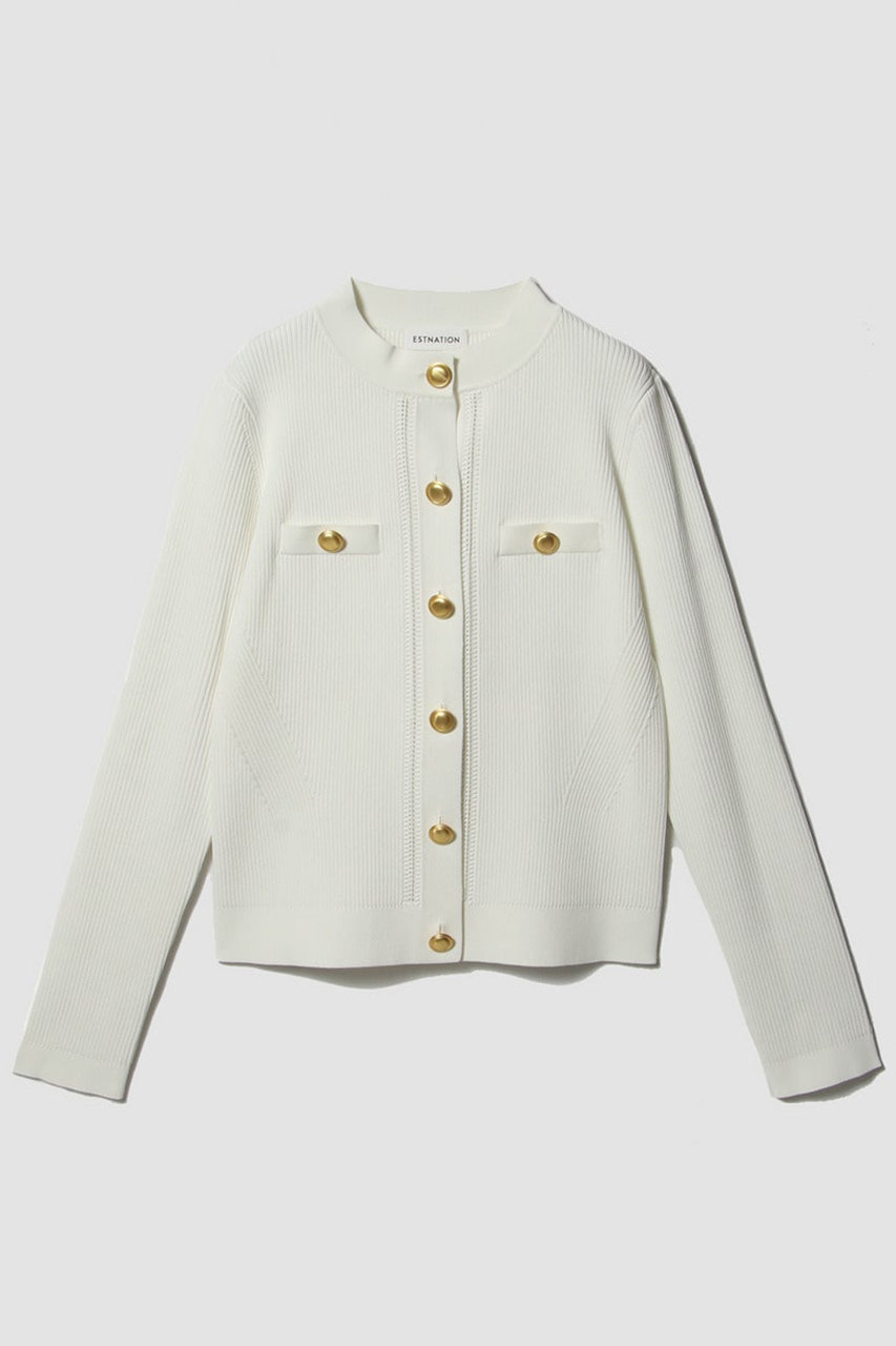 ESTNATION メタルボタンノーカラーカーディガン (ホワイト, F) エストネーション ELLE SHOP
