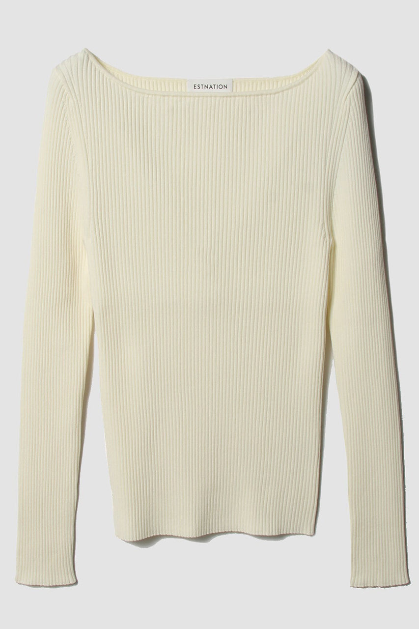 ESTNATION リブボートネックニット (オフホワイト, F) エストネーション ELLE SHOP