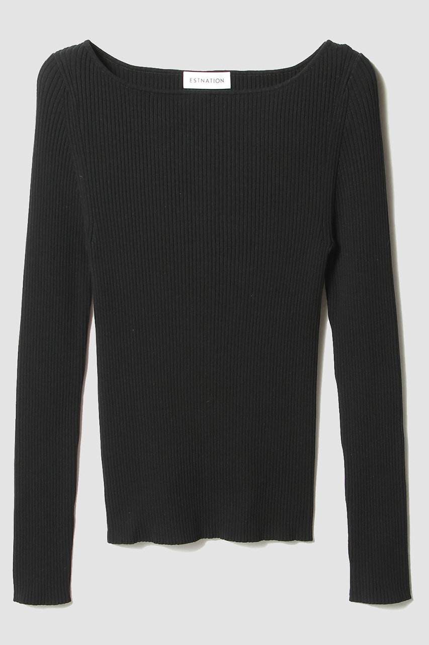 ESTNATION リブボートネックニット (ブラック, F) エストネーション ELLE SHOP