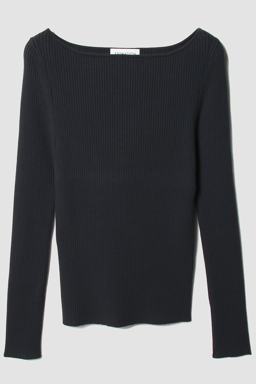 ESTNATION リブボートネックニット (ネイビー, F) エストネーション ELLE SHOP