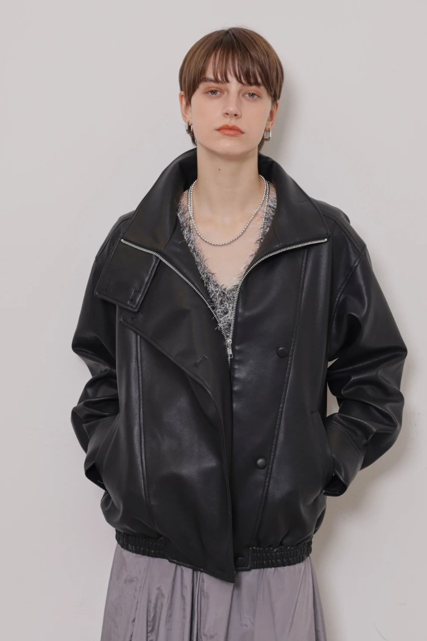 CADUNE フェイクレザーボンバージャケット (ブラック, 36) カデュネ ELLE SHOP